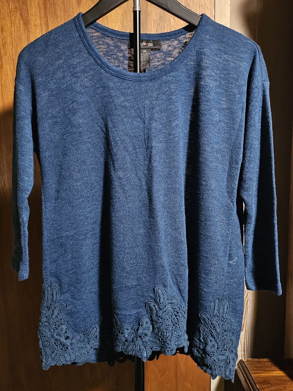 Style & Co. Women's Petite Navy Blue Crochet-Hem Sweater